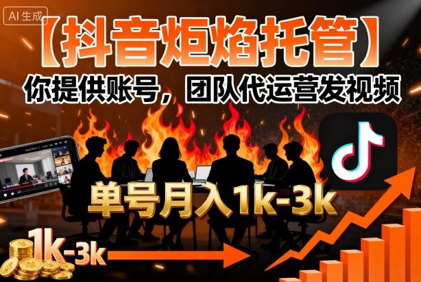 【抖音炬焰托管】你提供账号，团队代运营发视频，单号月入1k+