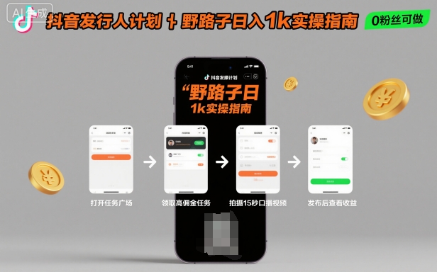 抖音发行人计划全新野路子玩法，随时随地，只要有手机，就能操作，日入1k+