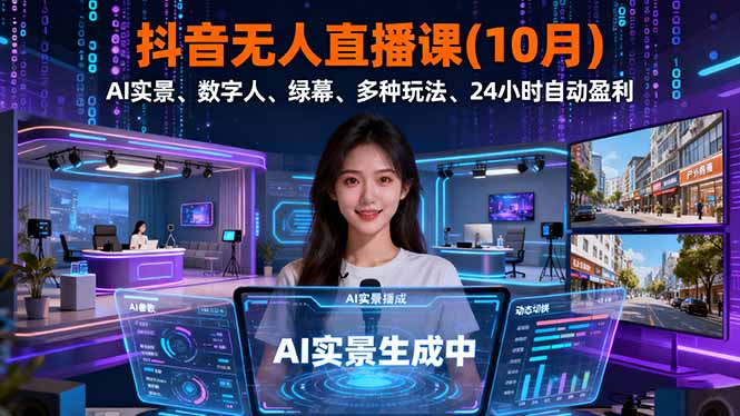 （16355期）抖音无人直播课(10月)，AI实景、数字人、绿幕、多种玩法、24小时自动盈利