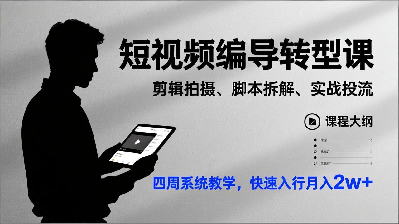 (17062期)短视频编导转型课,剪辑拍摄、脚本拆解、实战投流,四周系统教学,快速入行月入2w+
